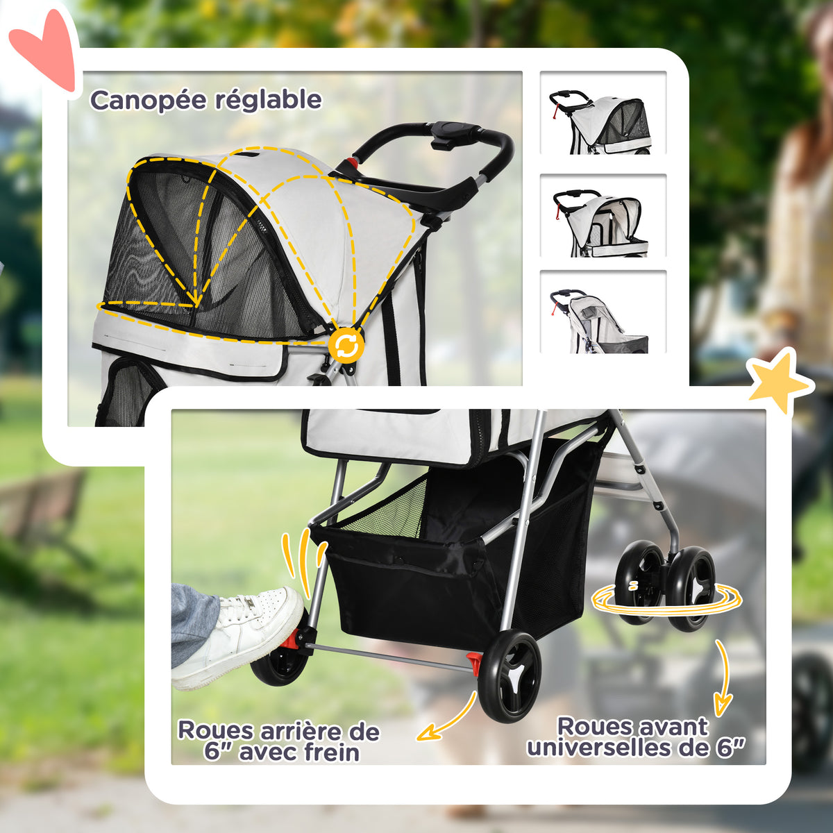 Poussette buggy pour chiens 77L x 45l x 99,5H cm pliable imperméable tissu 600D Oxford 4 roues gris-5