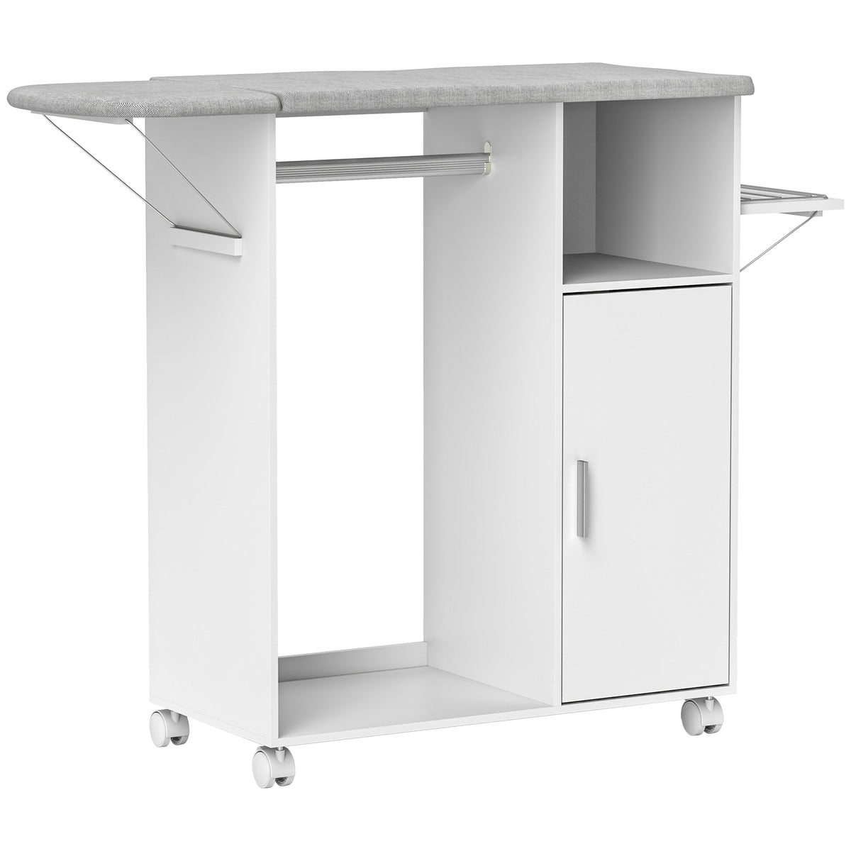 Armoire à repasser sur roulettes, table à repasser pliante, étagère réglable, barre de suspension, 127x42,5x99cm, blanc-0