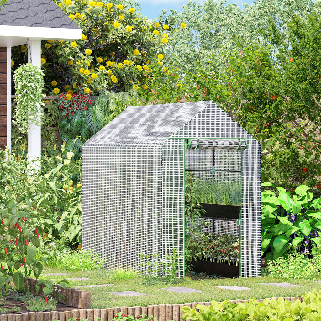 Serre de jardin PE avec étagère 2 niveaux, serre de balcon, bâche renforcée 140 g/m², acier, porte zippée-1
