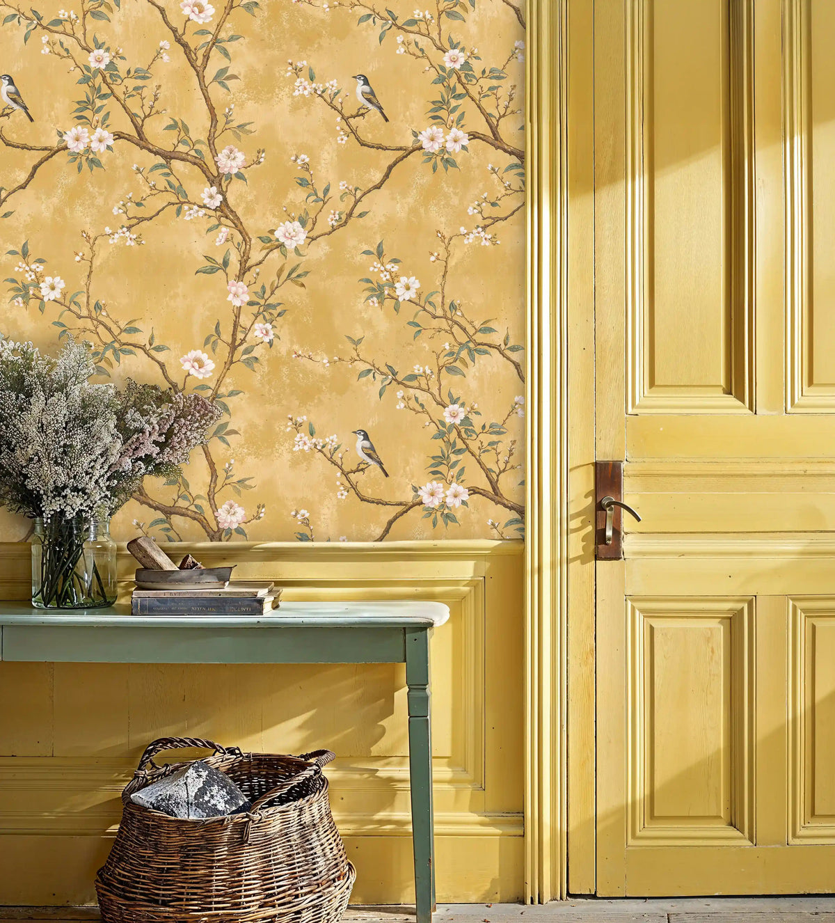 Papier peint chinoiserie oiseaux chanteurs sur branches fleuries
