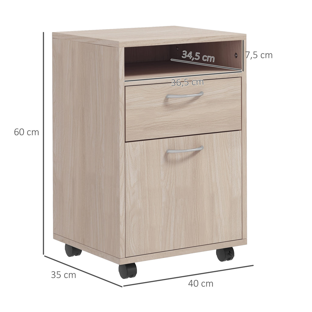 Caisson de bureau à roulettes avec tiroir placard et niche pour documents et dossier suspendu 40 x 35 x 60 cm chêne-2