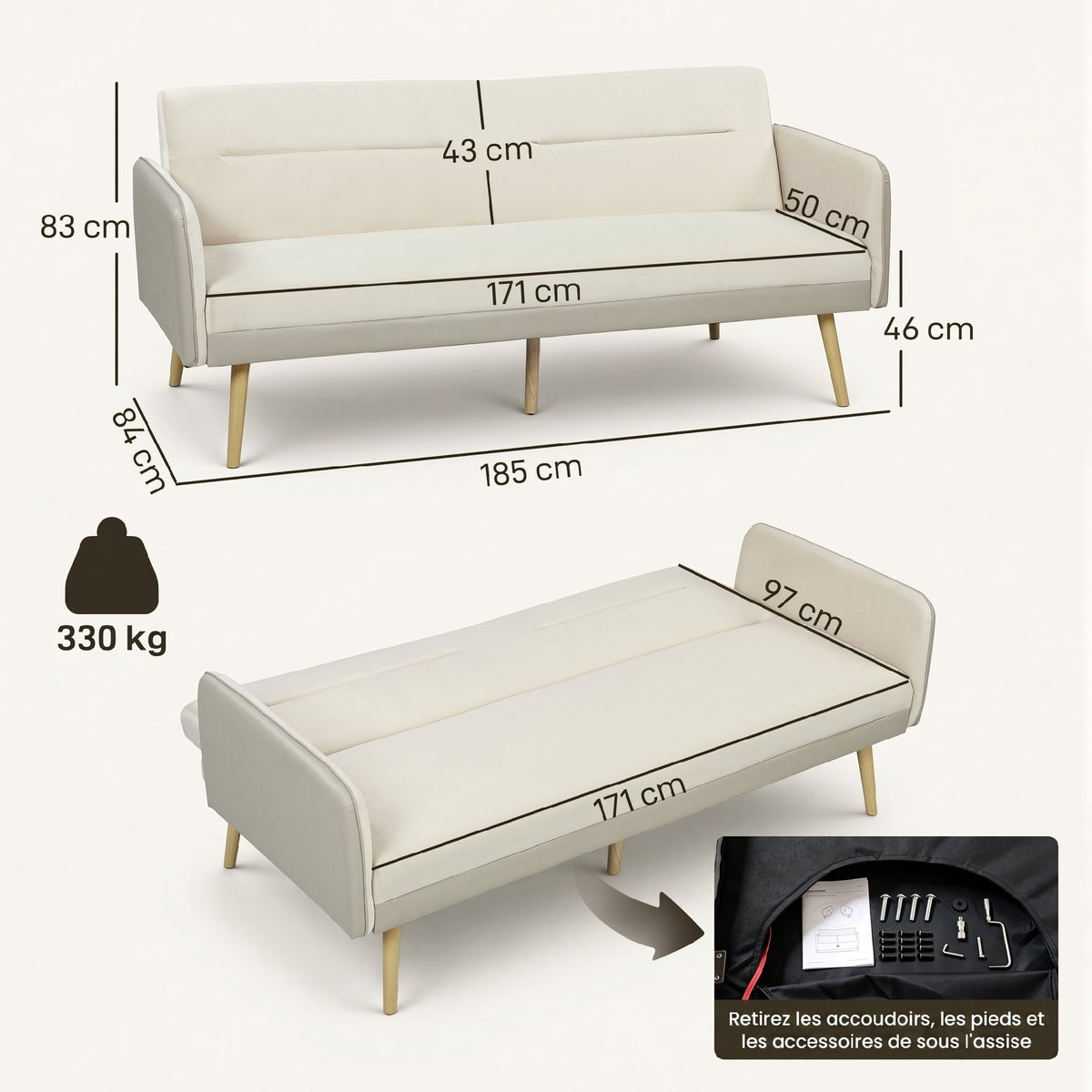 Canapé convertible 3 places 3 en 1, canapé-lit clic-clac, dossier réglable, assise rembourrée, 185 x 84 x 83 cm, beige-2