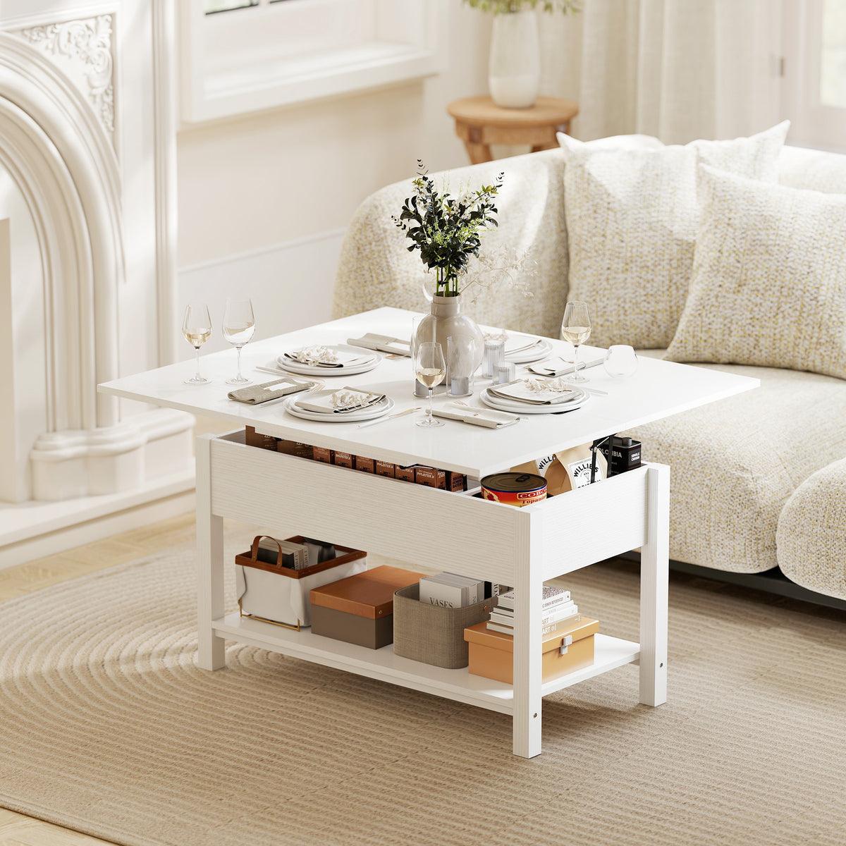 Table basse relevable et extensible table de salon avec compartiment caché étagère ouverte 100x45x50,5cm blanc-1