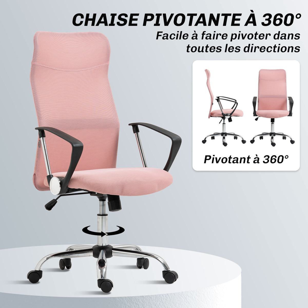 Fauteuil de bureau manager dossier ergonomique hauteur assise réglable pivotant tissu maille 63x65x119109-119cm rose-4