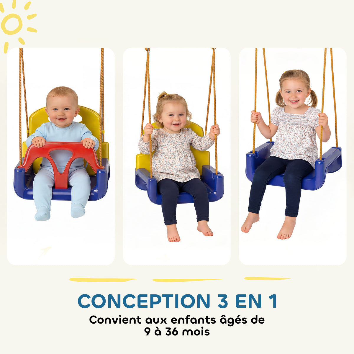 Balançoire siège 3 en 1 évolutif pour enfant avec dossier et barre en T amovibles intérieur extérieur hauteur ajustable-3
