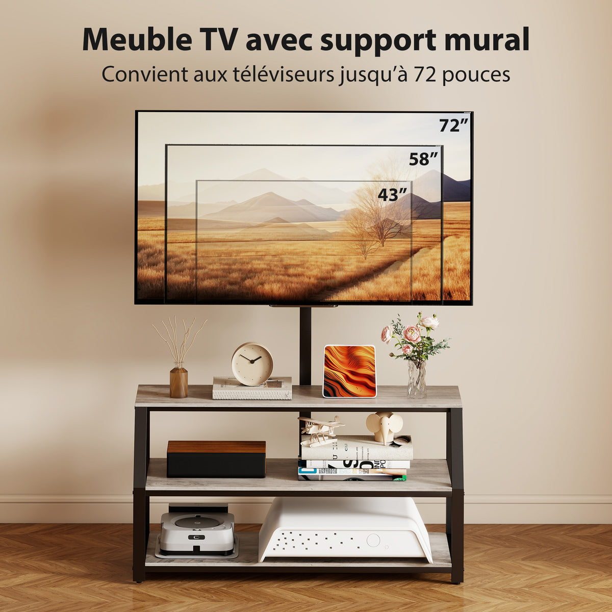 Meuble TV avec support pour téléviseurs jusqu'à 72 pouces, meuble télé avec 2 étagères ouvertes, 110x43x150cm, gris-3