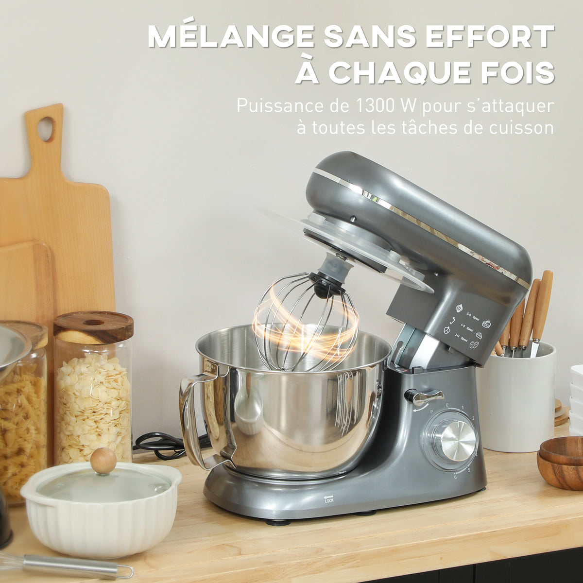 Robot pâtissier 1300 W, robot pétrin professionnel 4,5 L, bol d'acier inoxydable, 6+P vitesses et pulse, argent-3