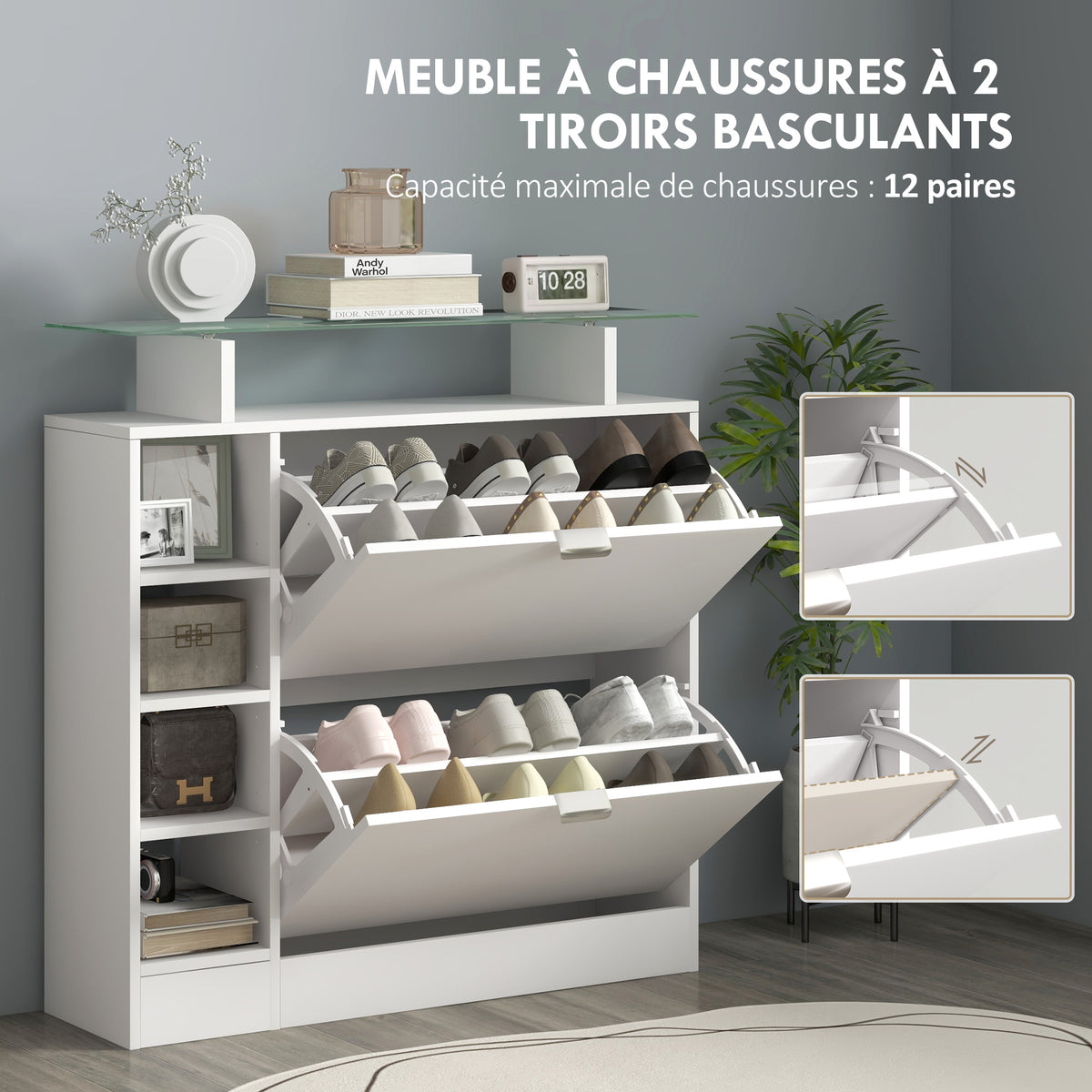 Meuble à chaussures avec 2 tiroirs rabattables 12 paires, plateau en verre et étagères réglables, 89 x 25 x 92 cm, blanc-3
