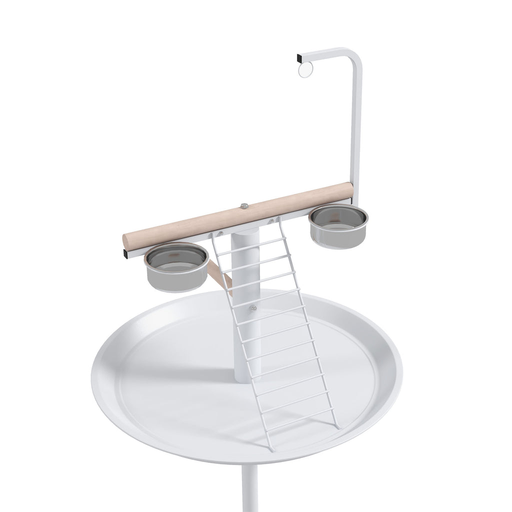 Mangeoire à oiseaux sur pied avec 4 roulettes perchoir 2 bols amovibles plateau rond acier inoxydable Ø 60 x 138H cm blanc-6