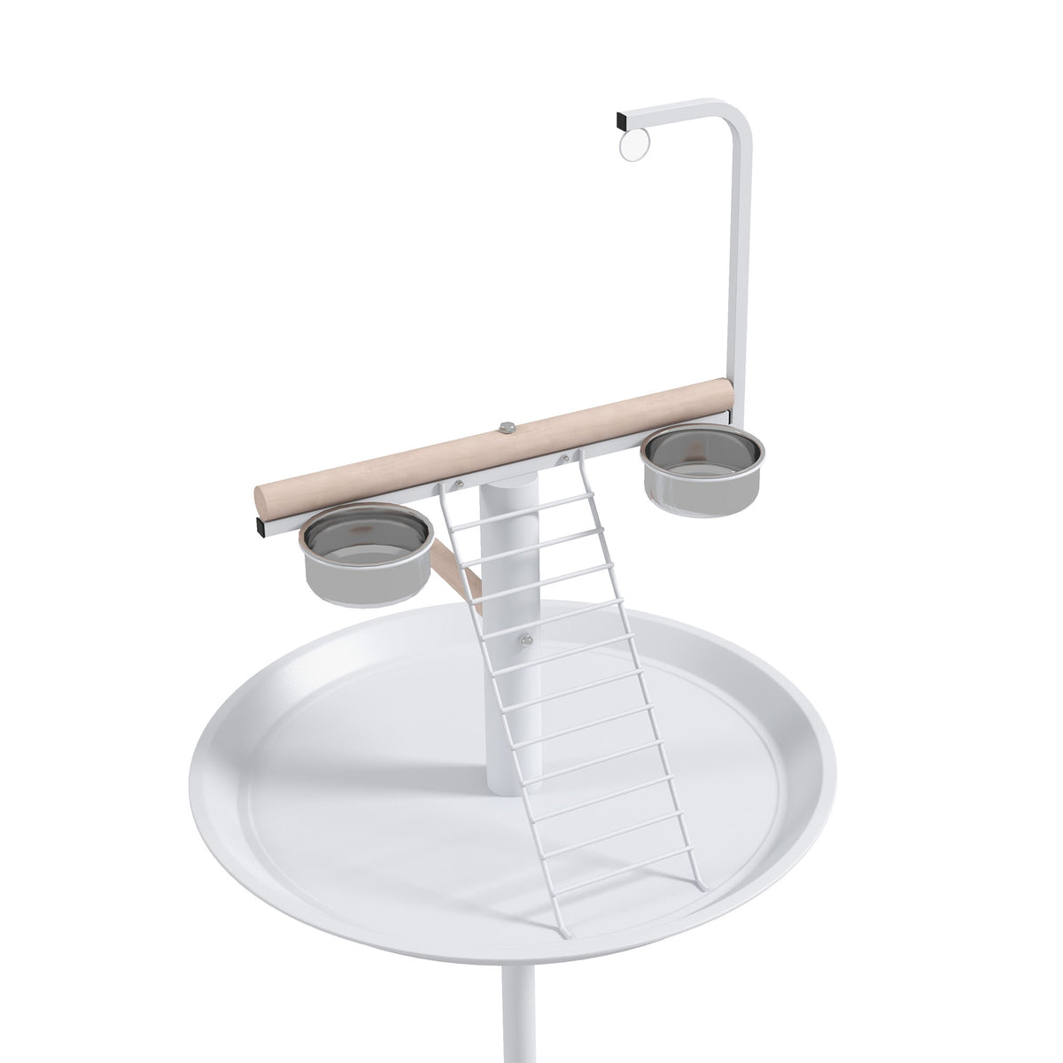 Mangeoire à oiseaux sur pied avec 4 roulettes perchoir 2 bols amovibles plateau rond acier inoxydable Ø 60 x 138H cm blanc-6
