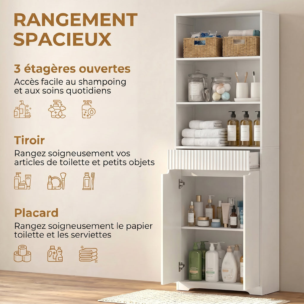 Meuble de salle de bain haut, 2 portes à fermeture douce, tiroir, 3 compartiments ouverts et étagères réglables, blanc-3