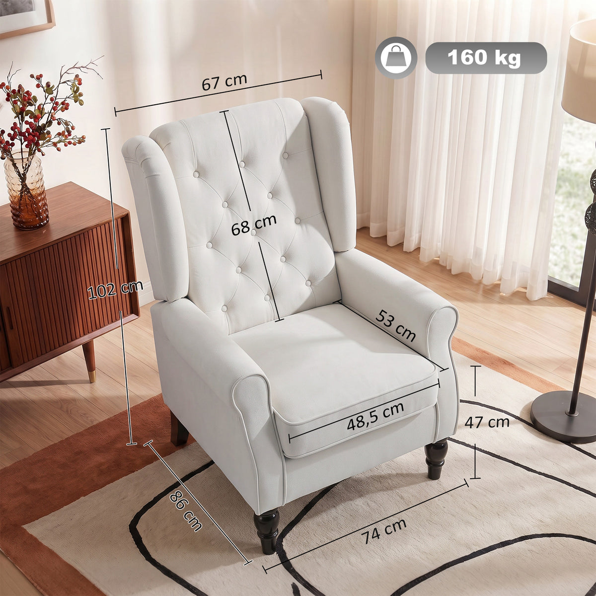Fauteuil de Salon, Fauteuil d'Appoint Mi-Siècle Moderne en Flanelle Neige avec Haut Dossier Capitonné à Oreilles, Crème-2