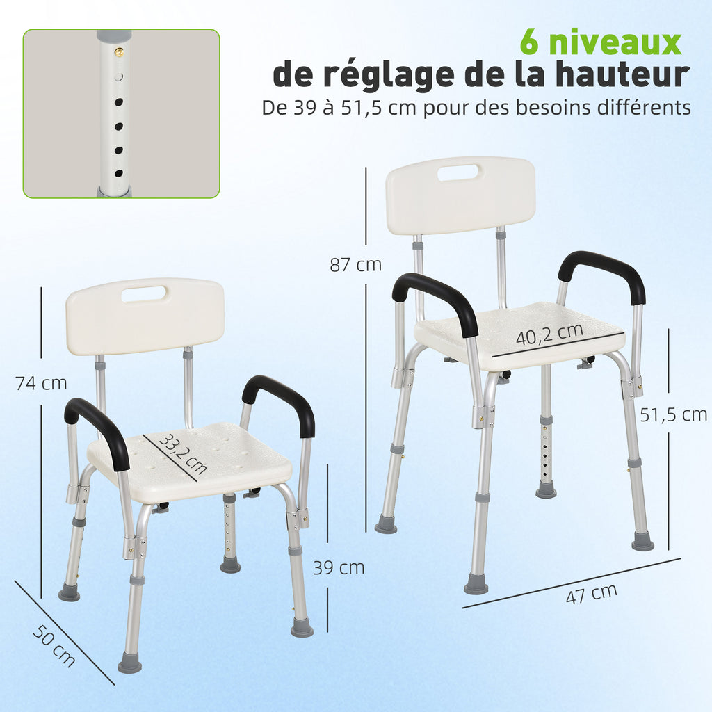 Chaise de Douche siège de Douche Ergonomique Hauteur réglable Pieds antidérapants Dossier accoudoirs Amovibles Charge Max. 136 Kg alu HDPE Blanc-2