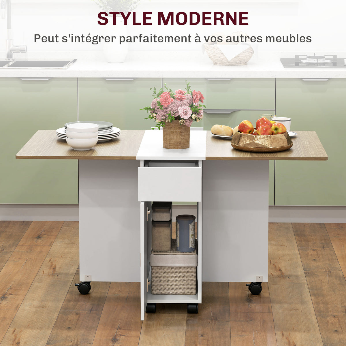 Table à manger pliable pour 6 personnes, table de cuisine sur roulettes avec 2 tiroirs 2 placards, 140x76x74cm, blanc-3