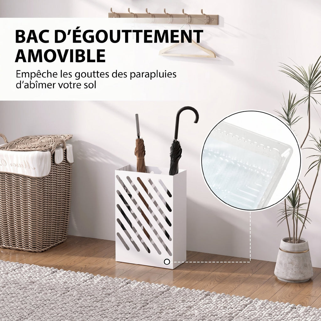 Porte-parapluie en acier rectangulaire, support pour parapluies avec 4 crochets et bac d'égouttement amovible, blanc-3
