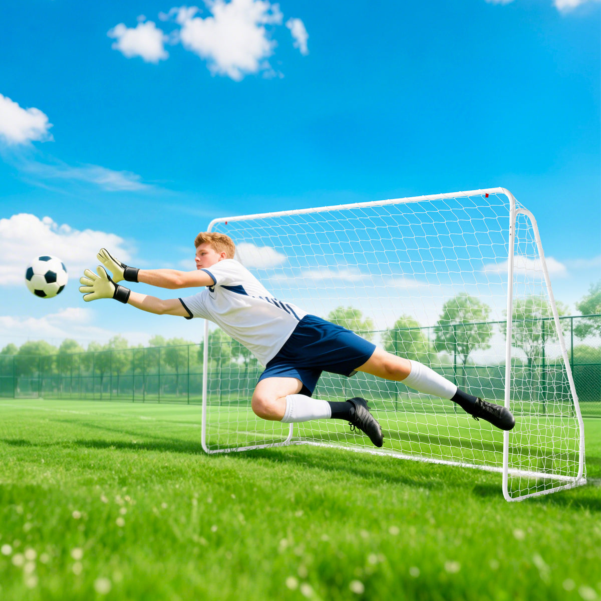 But de football - cage de foot - but d'entrainement dim. 301L x 120l x 200H cm - châssis métal époxy filet PE - piquets inclus - blanc-7