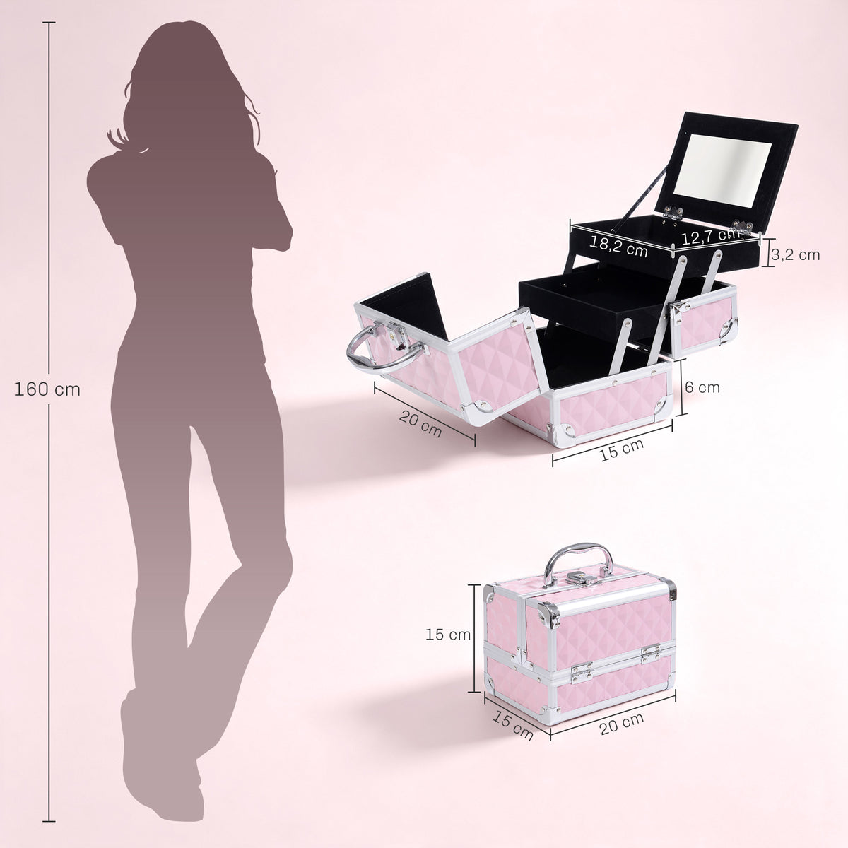 Mallette à maquillage rangement à 3 niveaux avec miroir verrouillage avec 2 clés dim. 20L x 15l x 15H cm rose-2