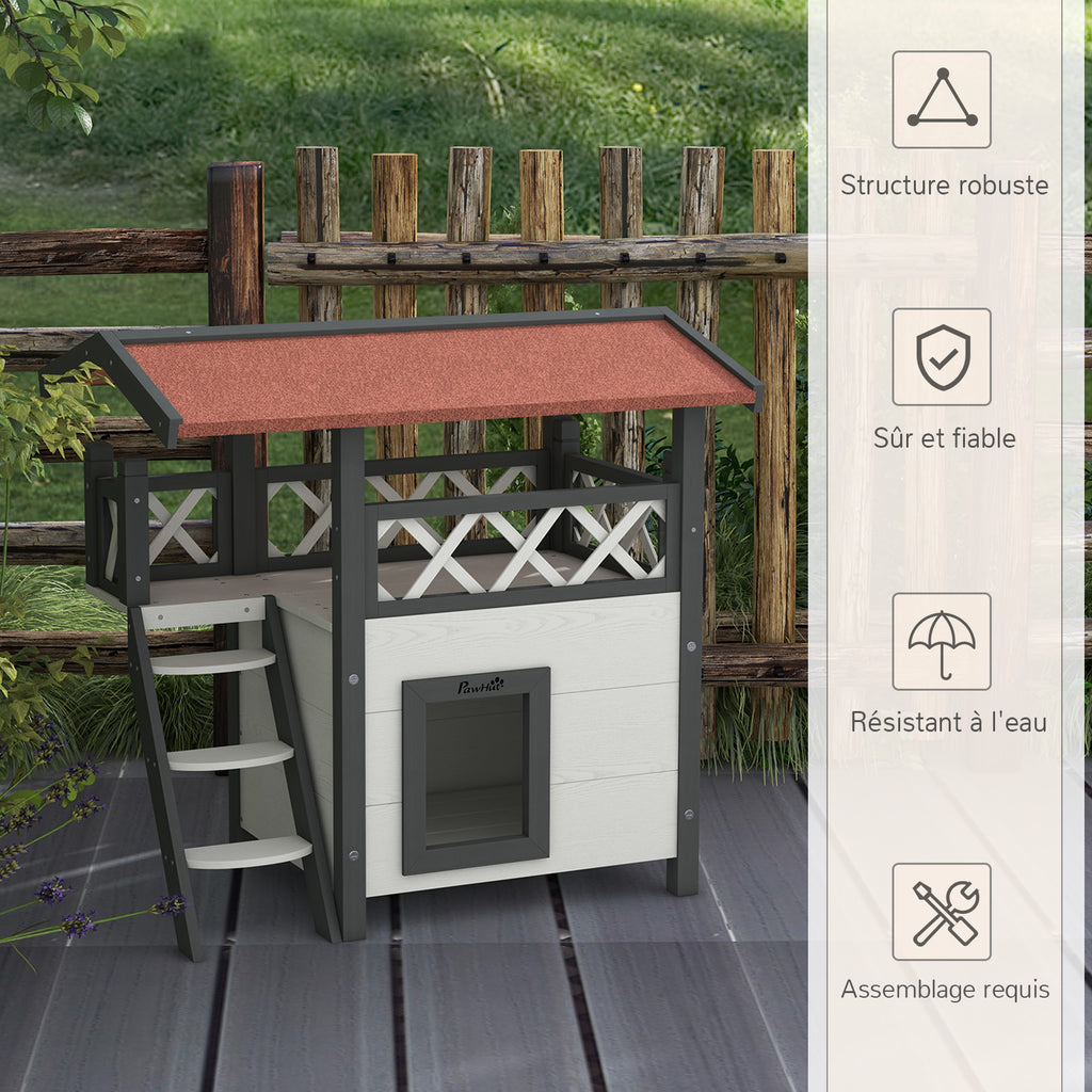 Cabane Chat Extérieur avec Terrasse, Escalier, Toit, Niche Villa, 77 x 50 x 73 cm Blanc et Rouge-5
