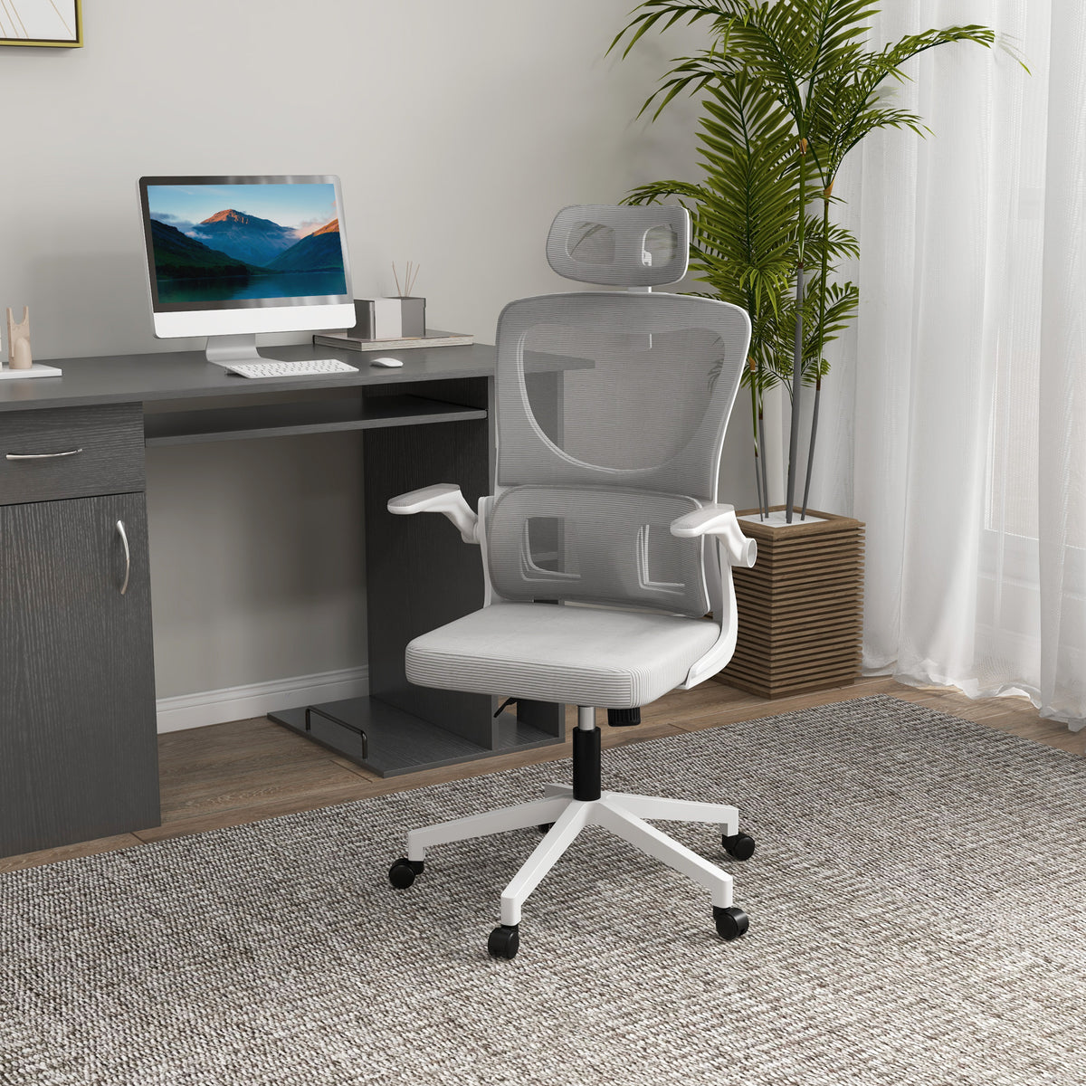 Fauteuil de bureau pivotant 360° avec appui-tête réglable et support lombaire - hauteur d'assise réglable gris-1