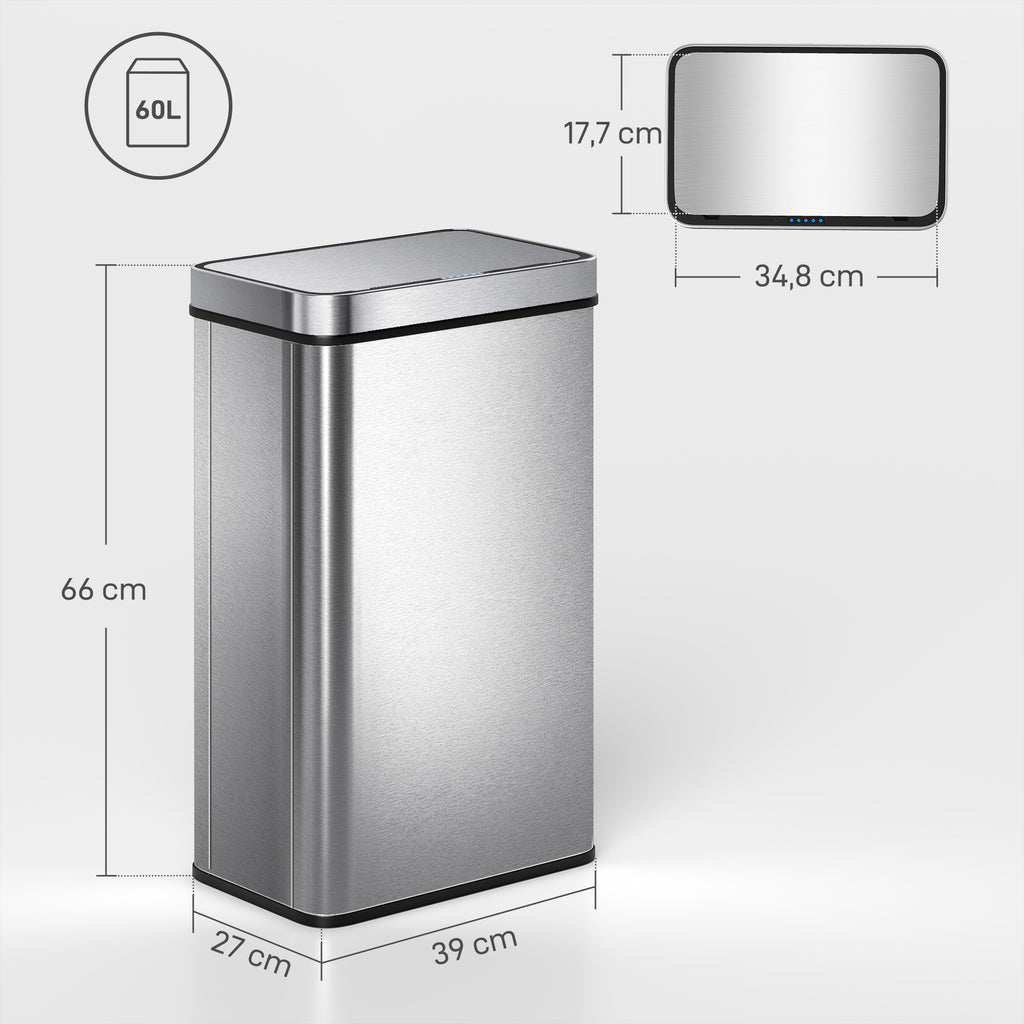 Poubelle à capteur 60 L avec couvercle à fermeture douce, poubelle de cuisine automatique en acier inoxydable, argenté-2