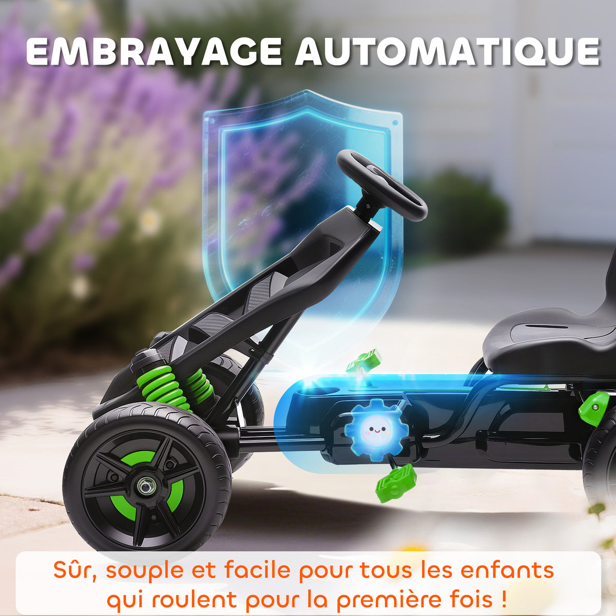 Kart à pédales pour enfants, karting enfant 3 à 6 ans avec roue libre, frein, roues EVA antidérapantes, vert-3