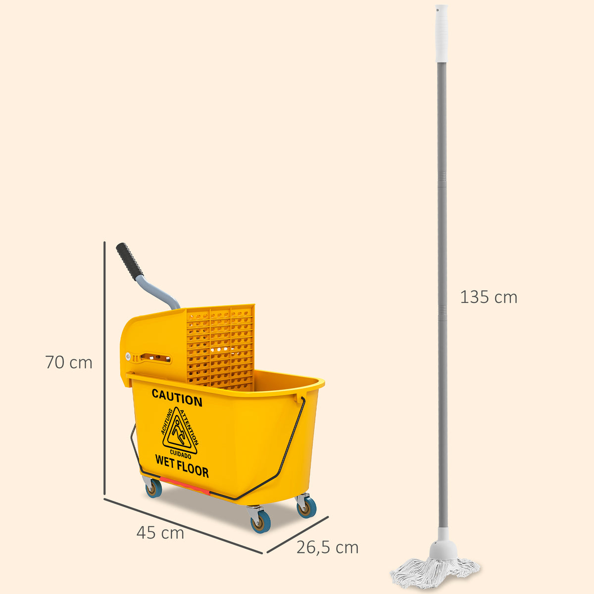 Chariot de ménage chariot de lavage essoreuse latérale seau 20 L, poignée et serpillère, 45 x 26,5 x 70 cm, jaune-2