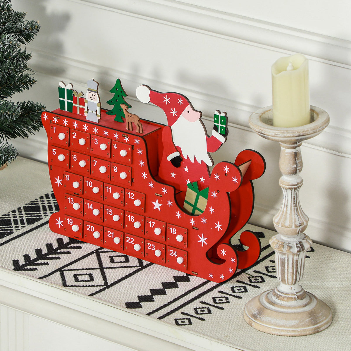 Calendrier de l'Avent à remplir en bois, décoration de Noël avec 24 tiroirs, Père Noël et traîneau, 22,5x8x36cm, rouge-5