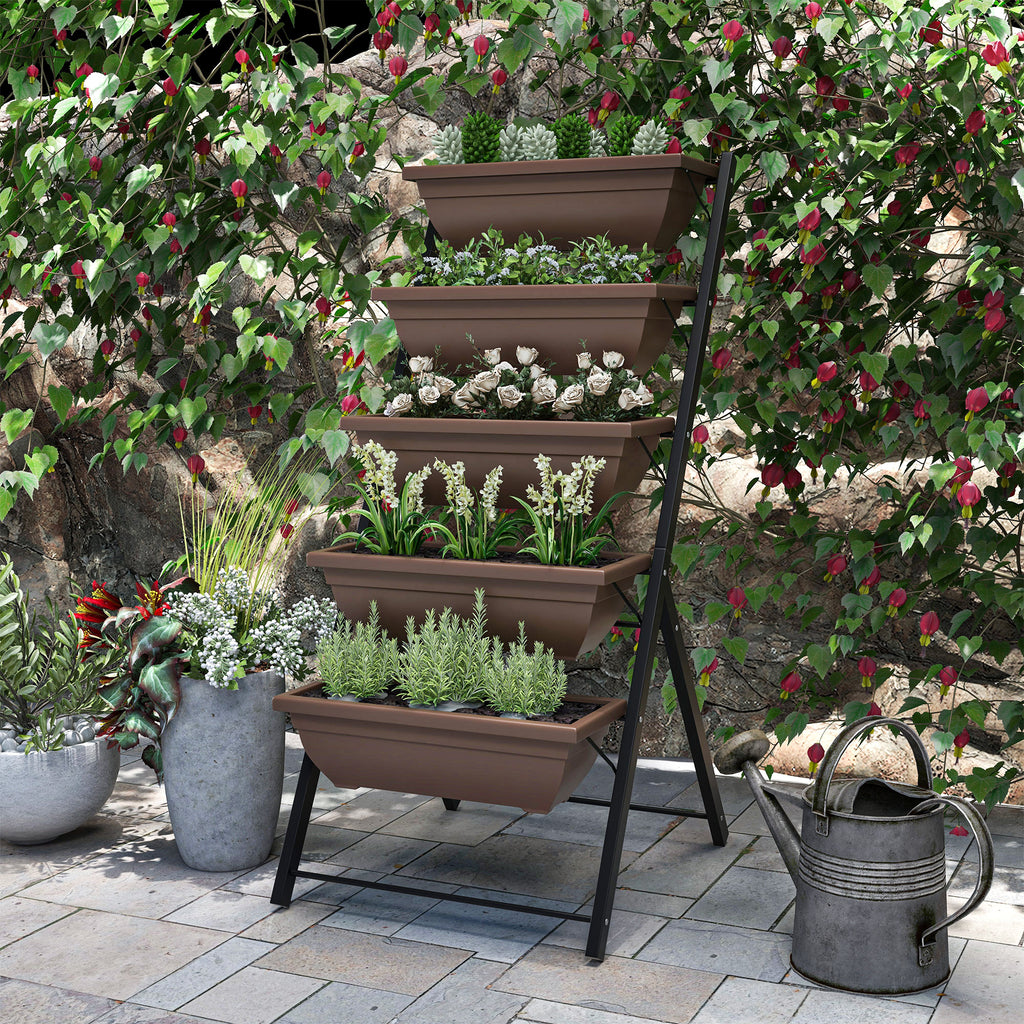 Jardinière surélevée avec étages jardinière verticale avec 5 bacs à fleurs trous de drainage cadre en acier marron-8