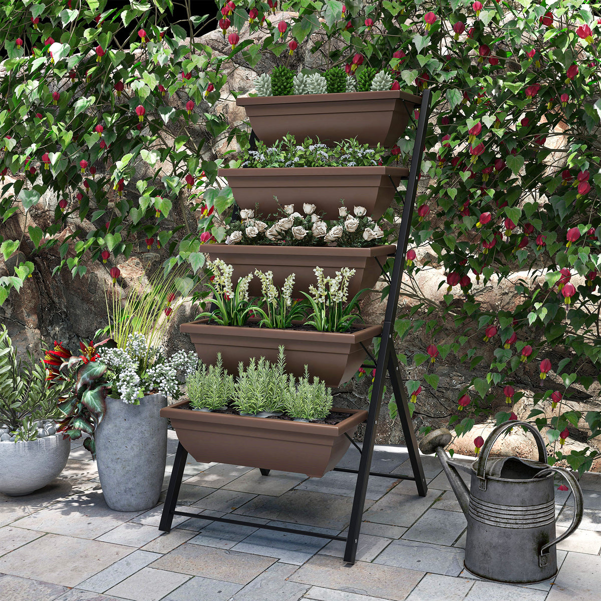 Jardinière surélevée avec étages jardinière verticale avec 5 bacs à fleurs trous de drainage cadre en acier marron-8