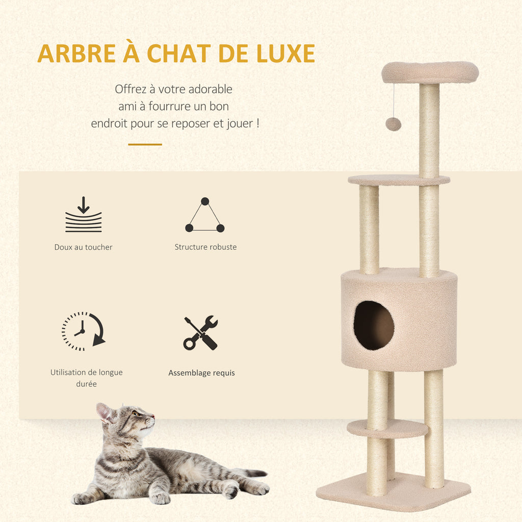 Arbre à chats avec griffoir arbre à grimper pour chat niche et plate-formes peluche haute densité 148 cm beige-3