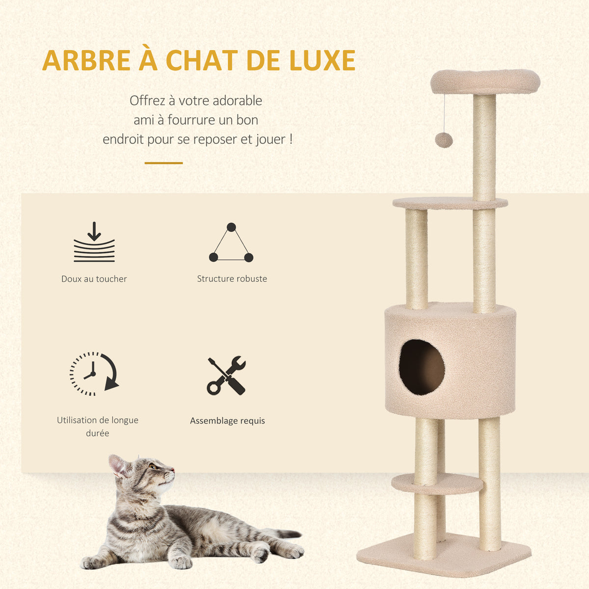 Arbre à chats avec griffoir arbre à grimper pour chat niche et plate-formes peluche haute densité 148 cm beige-3
