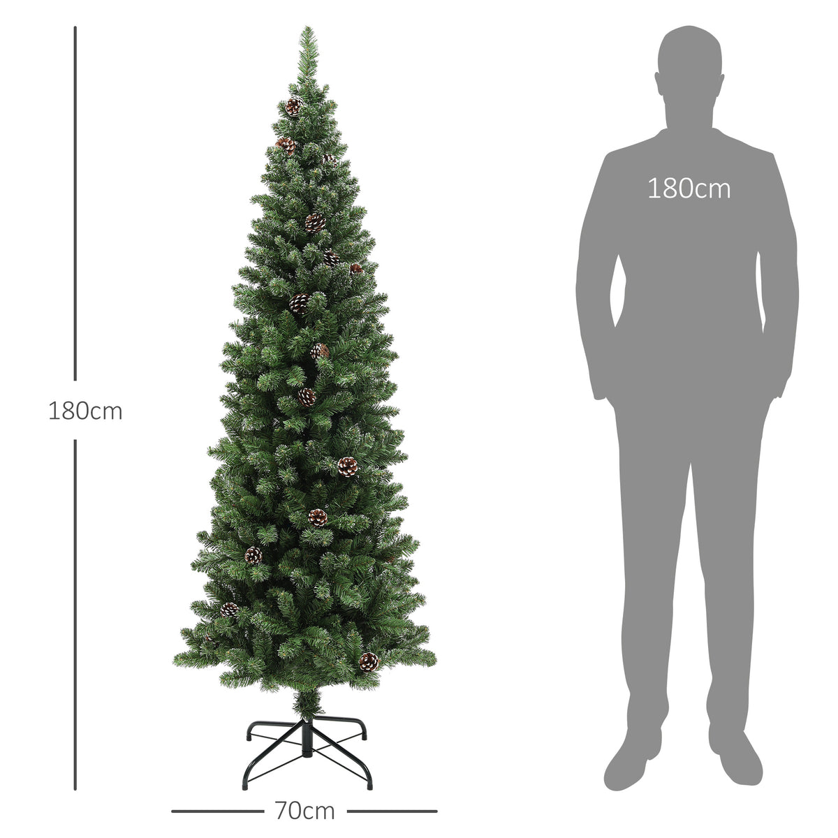 Sapin de Noël artificiel 180 cm arbre de Noël Slim avec support en acier pliable, 618 branches épines, vert-2