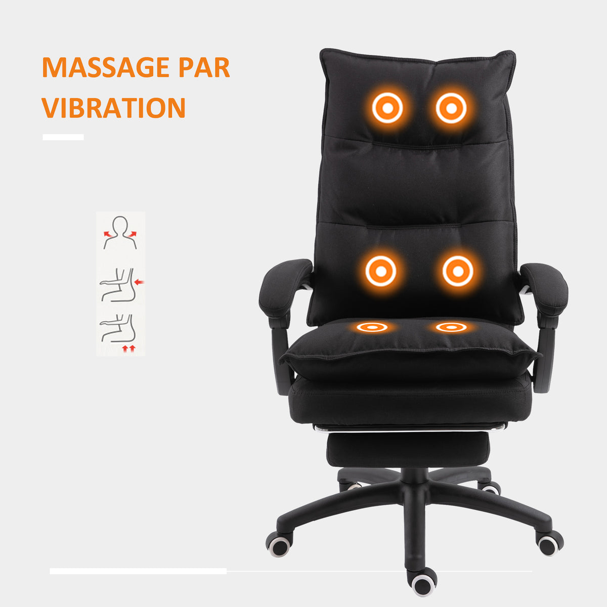Fauteuil de bureau massant, chaise de bureau, chaise ergonomique avec hauteur réglable, dossier inclinable, repose-pied intégré et télécommande filaire, pivotant à 360°, toile de lin noir-6