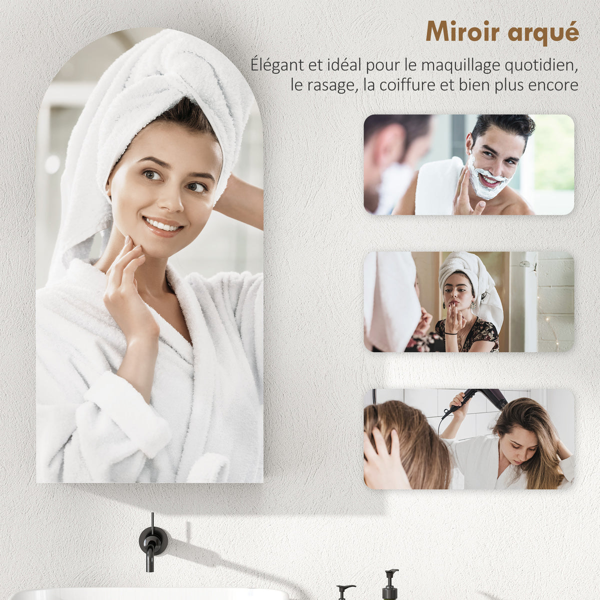 Armoire murale salle de bain avec miroir, meuble salle de bain sans cadre en arche et étagères en verre réglables, blanc-3