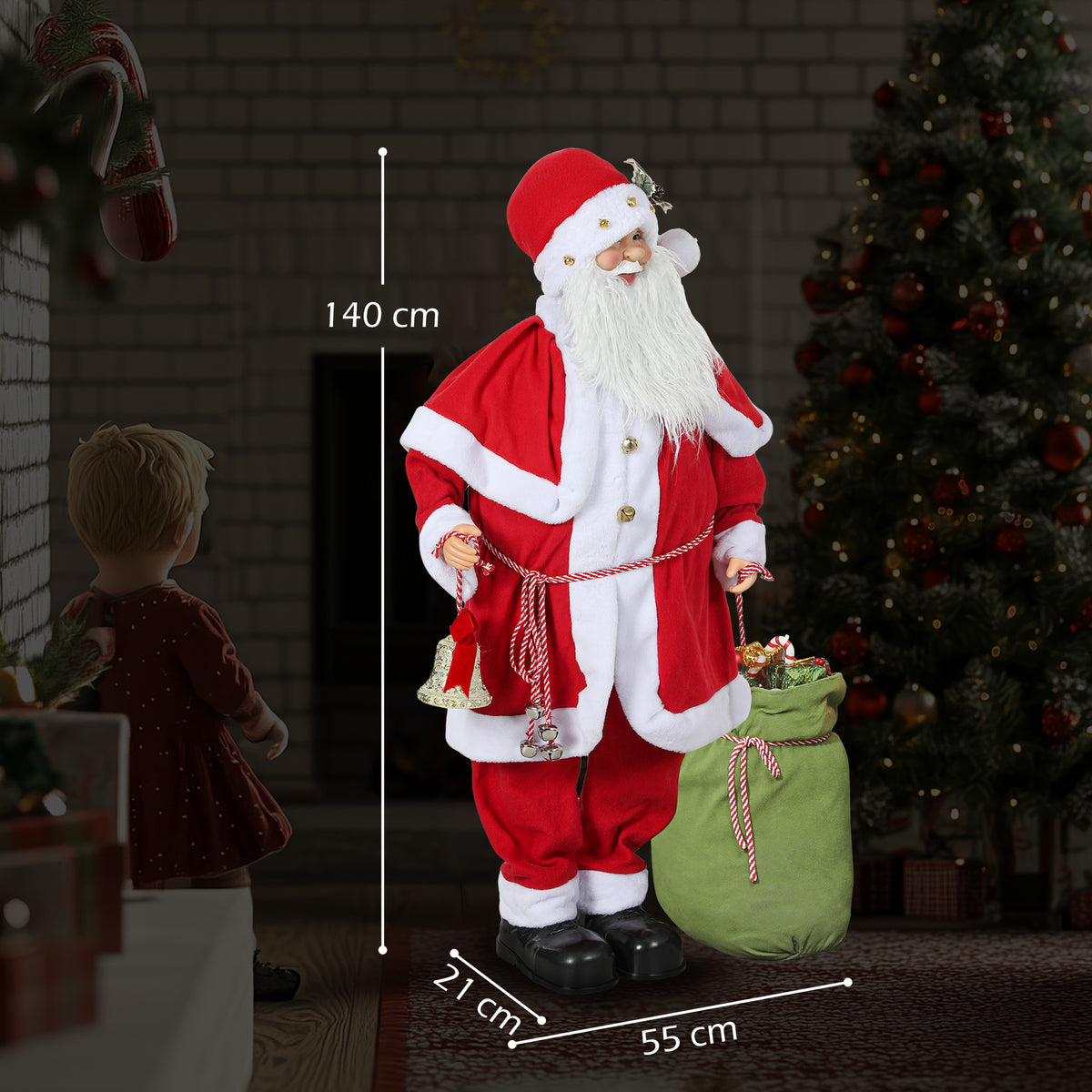 Figurine de Père Noël, Debout de Père Noël Rouge Traditionnelle 140 cm avec Sac de Cadeaux, Effets Sonores et Cloche-2