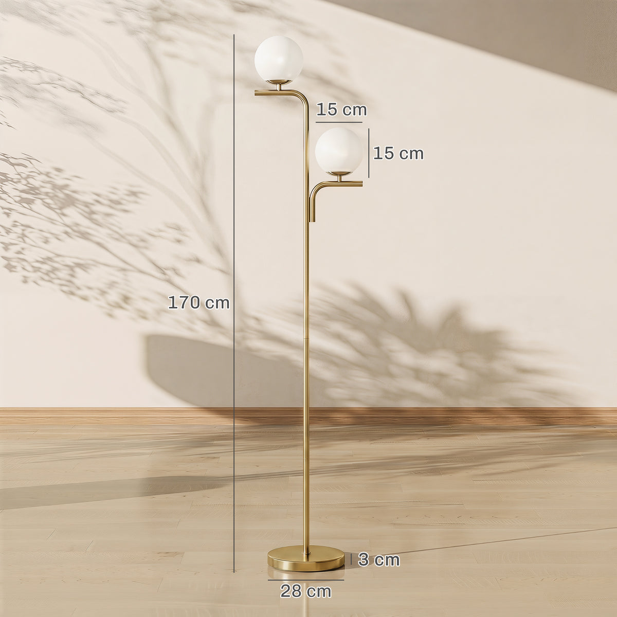 Lampadaire sur Pied Salon à Double Tête, Lampe sur Pied avec 3 Températures de Lumière, Abat-Jour en Verre, Doré-2