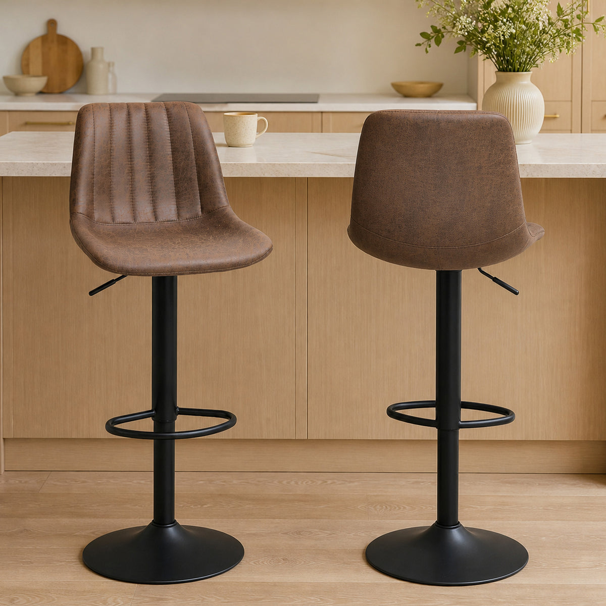 Lot de 2 tabourets de bar style vintage hauteur réglable pivotant avec repose-pied marron-1