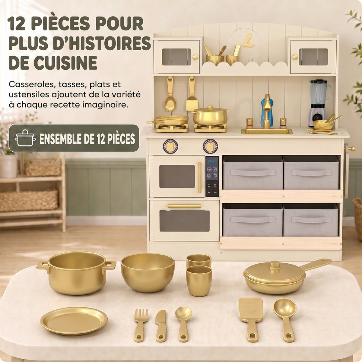 Cuisine Enfant, Cuisine en Bois Enfant Dinette, Effet Lumières et Sons, 4 Bacs en Tissu, 12 Accessoires, 3-6 Ans, Crème-5
