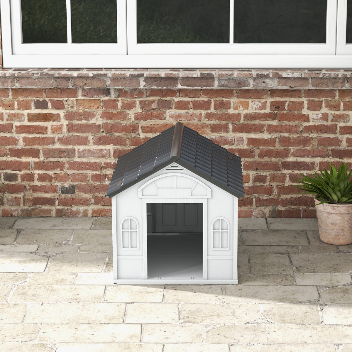 Niche pour Chien Extérieur pour Chiens Moyens et Grands, Maison pour Chien en PP Imperméable avec Toit en Pente, Porte Avant Ouverte et Ouverture d'Aération au-Dessus, 65 x 75,7 x 63 cm, Gris-7