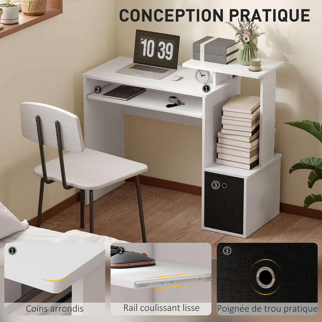 Bureau Informatique multimédia étagères Tablette Clavier Panier Noir Panneaux Particules Blanc-5