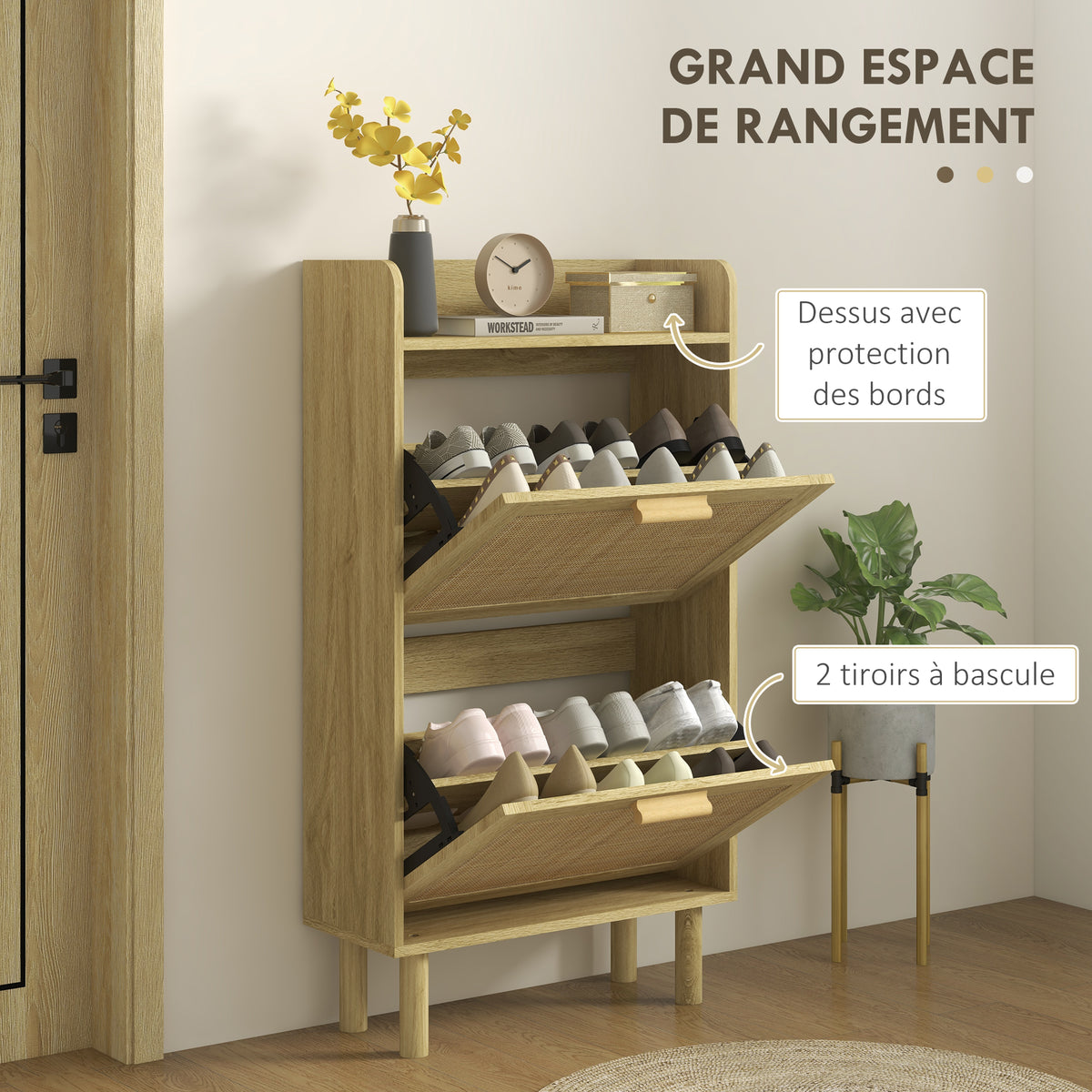 Meuble à chaussures 2 portes abattants étagère effet rotin tissé design bohème - dim. 80L x 24,5l x 110H cm-3