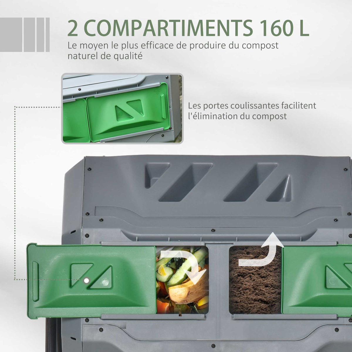 Composteur de Jardin - bac à Compost pour déchets - Rotatif 360° - Double Chambre 160 L - Acier PP Gris-3