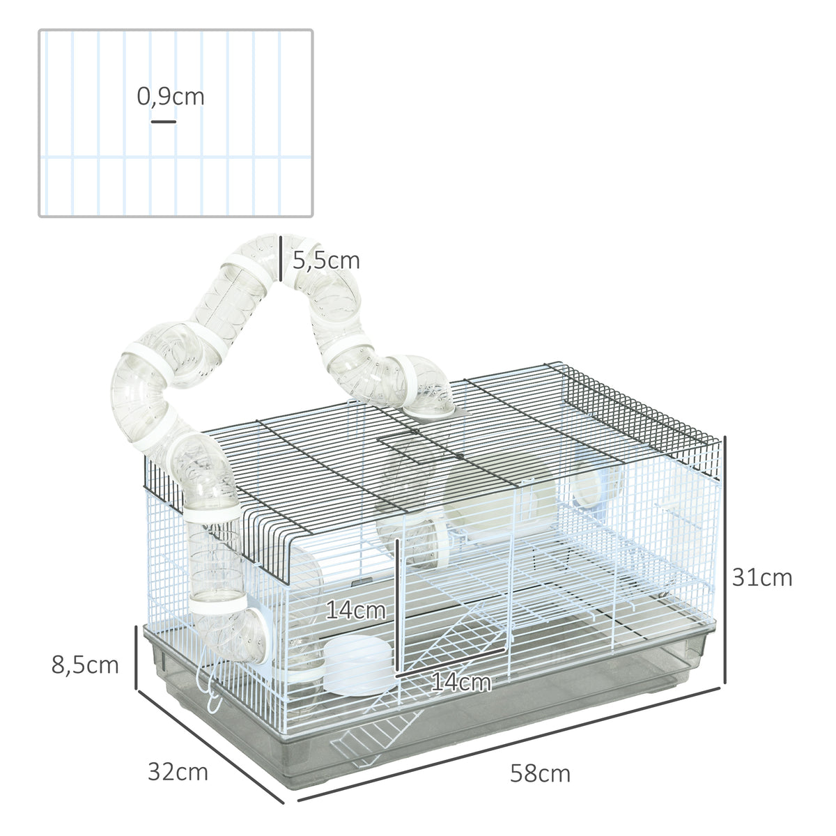 Cage hamster cage rongeur avec tunnel et accessoires inclus fil d'acier 58 x 32 x 31 cm gris-2