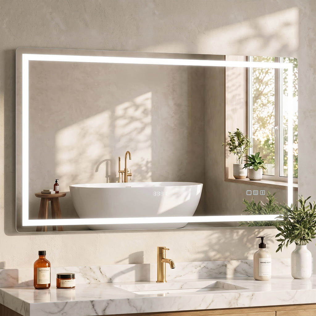 Miroir salle de bain LED bluetooth 140 x 80 cm interrupteur tactile lumière réglable 3 couleurs anti-buée mémoire argent-1