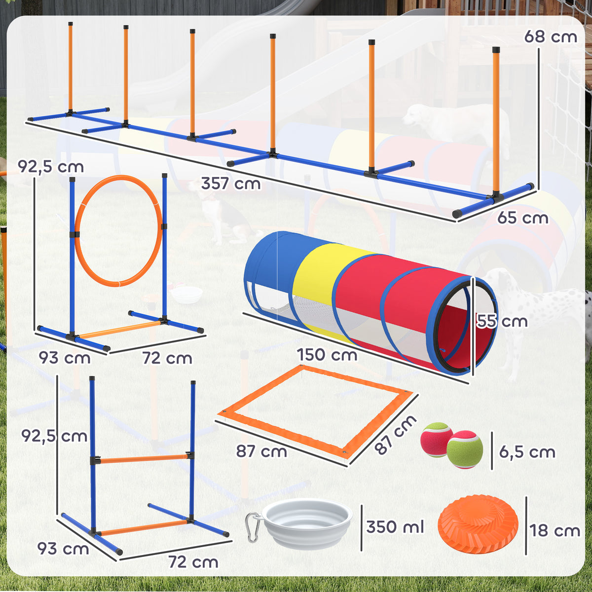 Équipement d'Agilité pour Chien 12 Pièces, 4 Tunnels, Sauts Ajustables, Anneau, Slaloms, 357x65x68cm, Multicolore-2