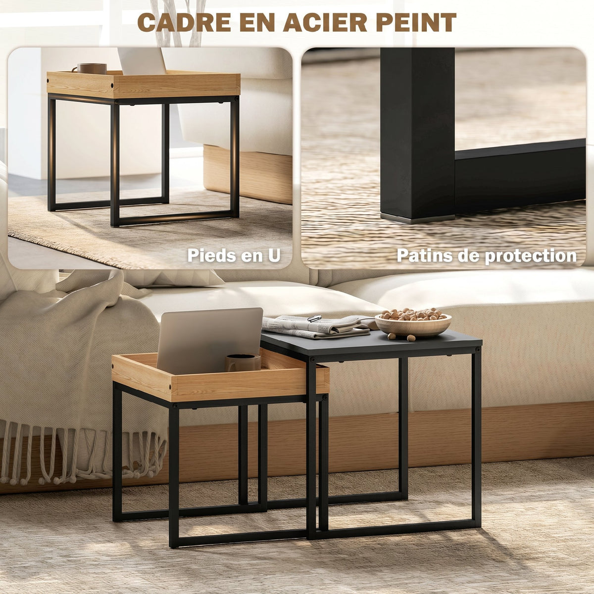 Lot de 2 tables basses gigognes carrées, tables gigognes de salon avec cadre en acier, style moderne, noir-4