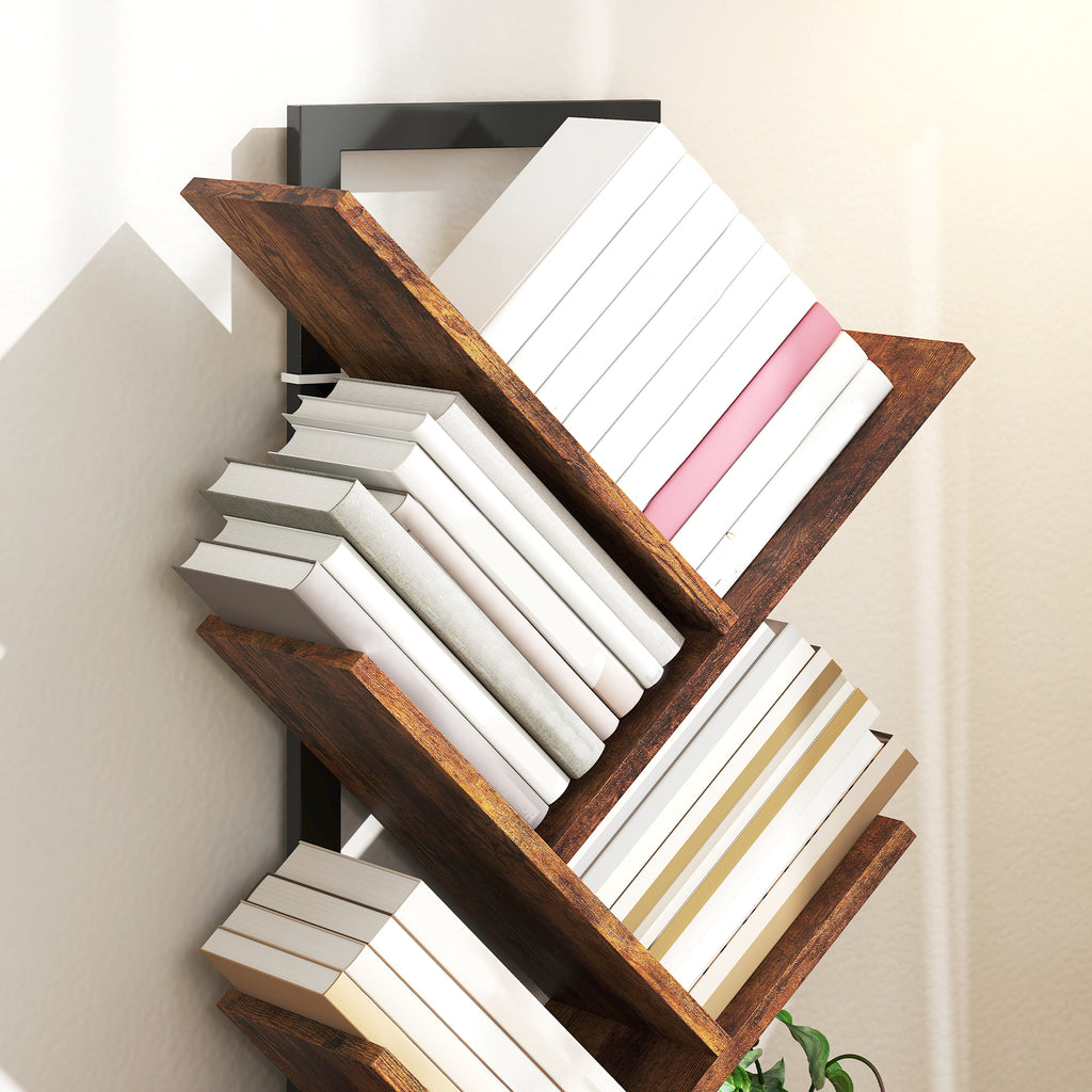 Bibliothèque Arbre à 9 Niveaux, Meuble de Rangement Industriel avec Cadre en Acier, 50x24x136cm, Brun Rustique-7