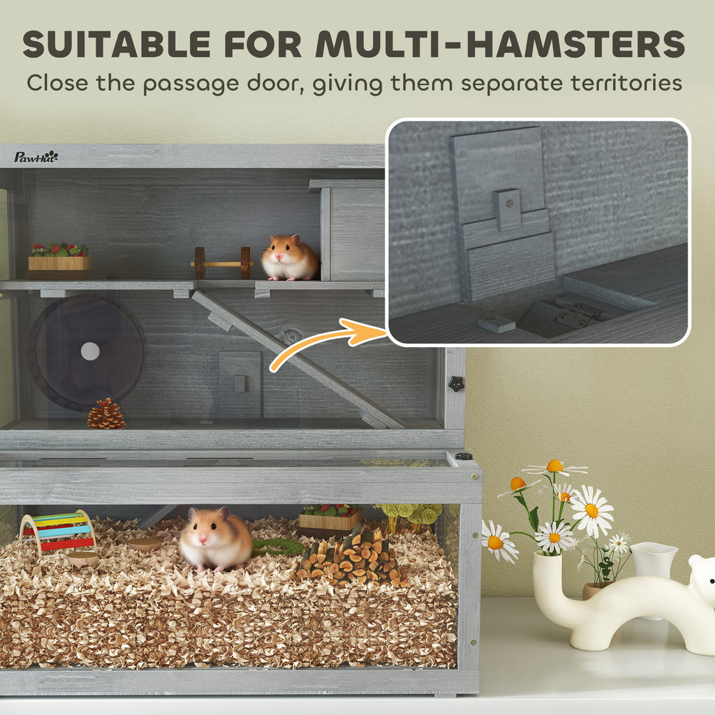 Cage Hamster en Bois, 3 Niveaux avec Cabane, Roue, Rampes, Panneau Transparent, Espaces Séparés, 80x50x84cm, Gris-7