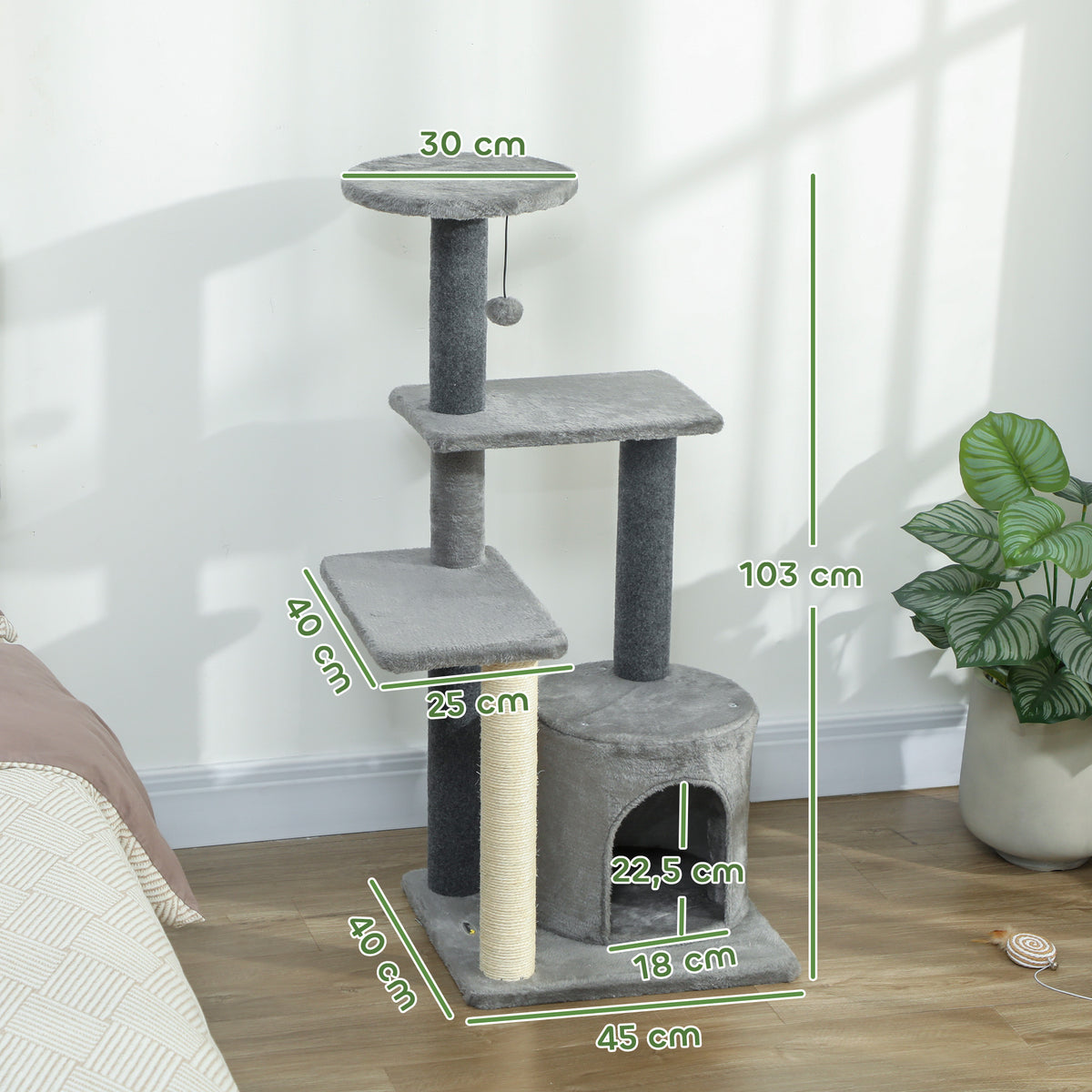 Arbre à Chat Hauteur 103 cm, Platesformes, Niche en Peluche, Balle en Peluche, Poteaux en Sisal, Base Renforcé, Gris-2