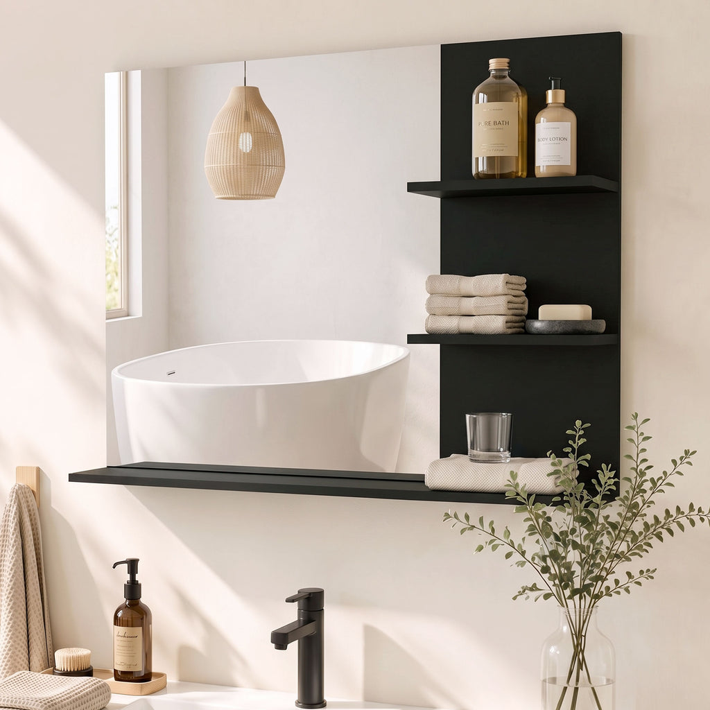 Miroir Salle de Bain avec 3 Étagères 60 x 48 cm, Miroir Mural Modern pour chambre à coucher, bureau, Noir-5